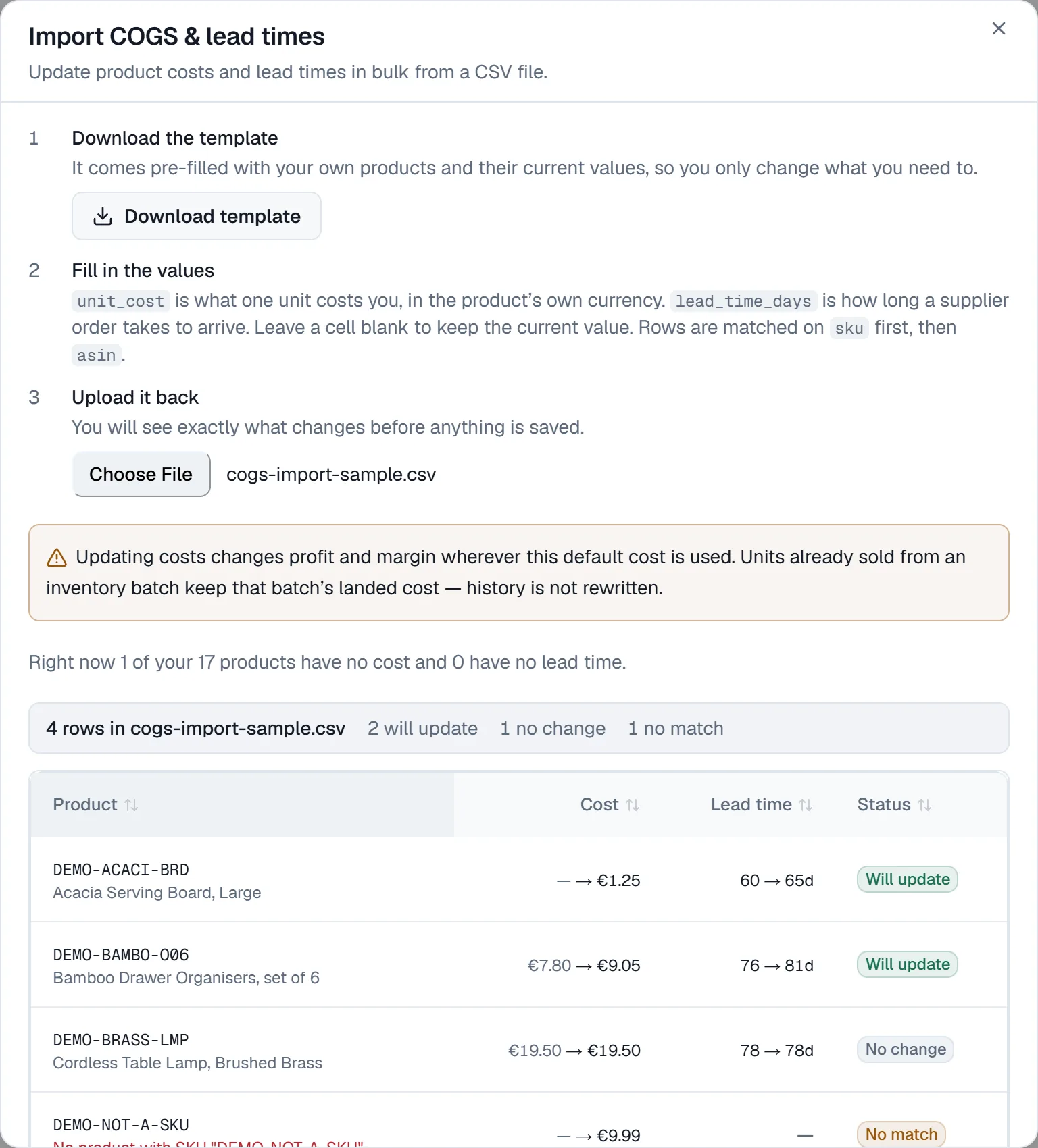 The bulk import for costs and lead times: a pre-filled template to download, the count of products still without a cost or lead time, and the preview of an uploaded file showing which rows would update, which are unchanged and which did not match, before anything is applied.