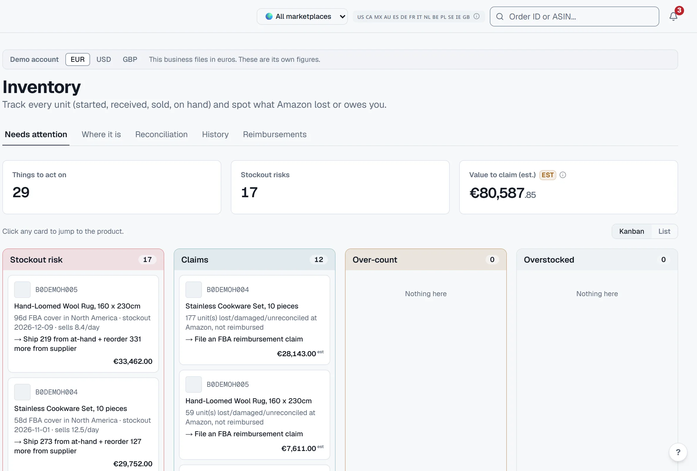 Inventory, needs-attention view: things to act on, stockout risks and the estimated value to claim, then a board of products with units lost or damaged at Amazon and the reimbursement claim to file for each.