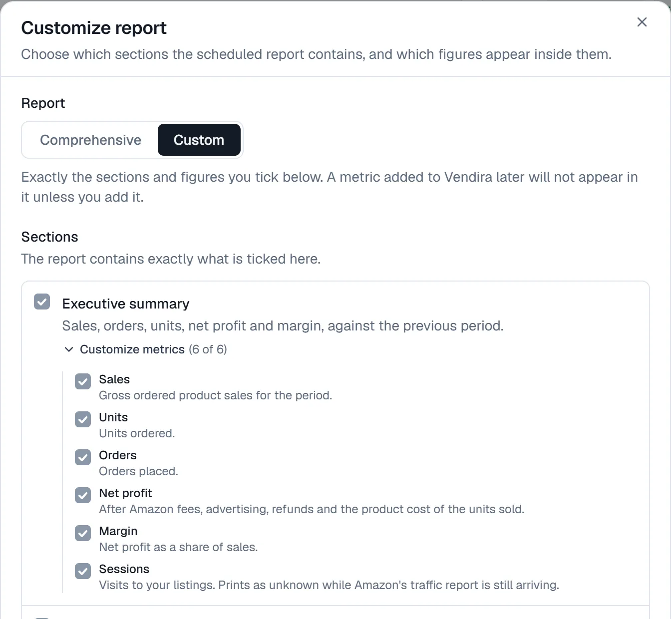 The report builder in a client workspace: Comprehensive or Custom, the list of sections with checkboxes, and one section expanded to its individual figures with their own checkboxes.